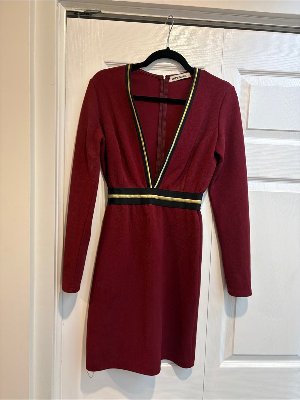 Mystic Burgundy Long Sleeve Plunge Dress with Black and Gold Trim